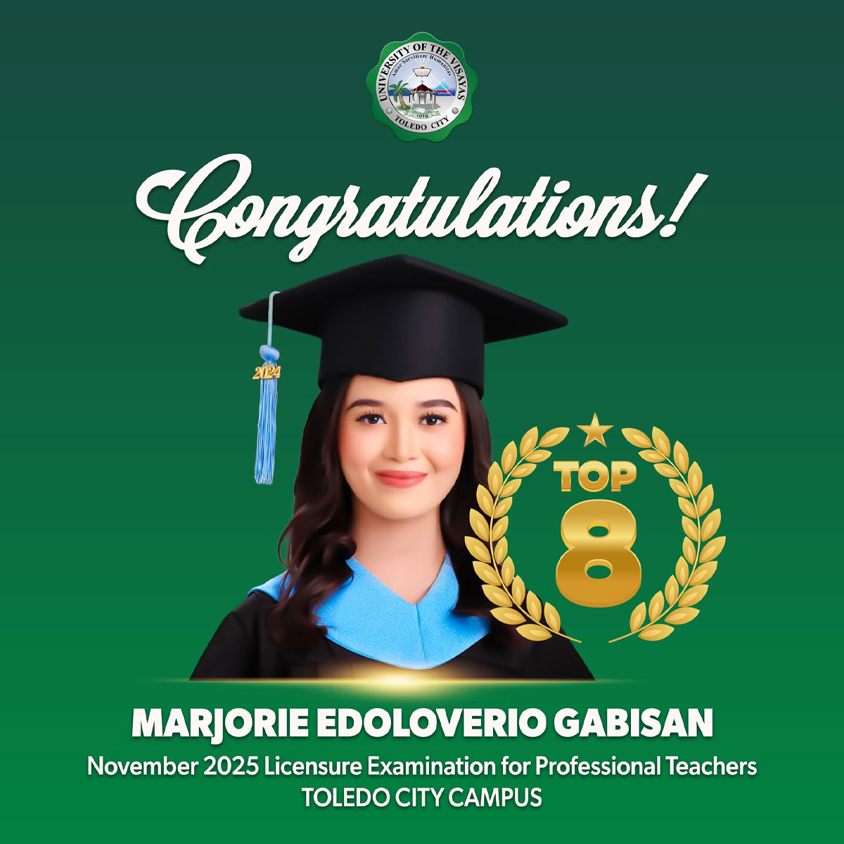 UV-Toledo Graduate Places 8th in Licensure Exam for Professional Teachers